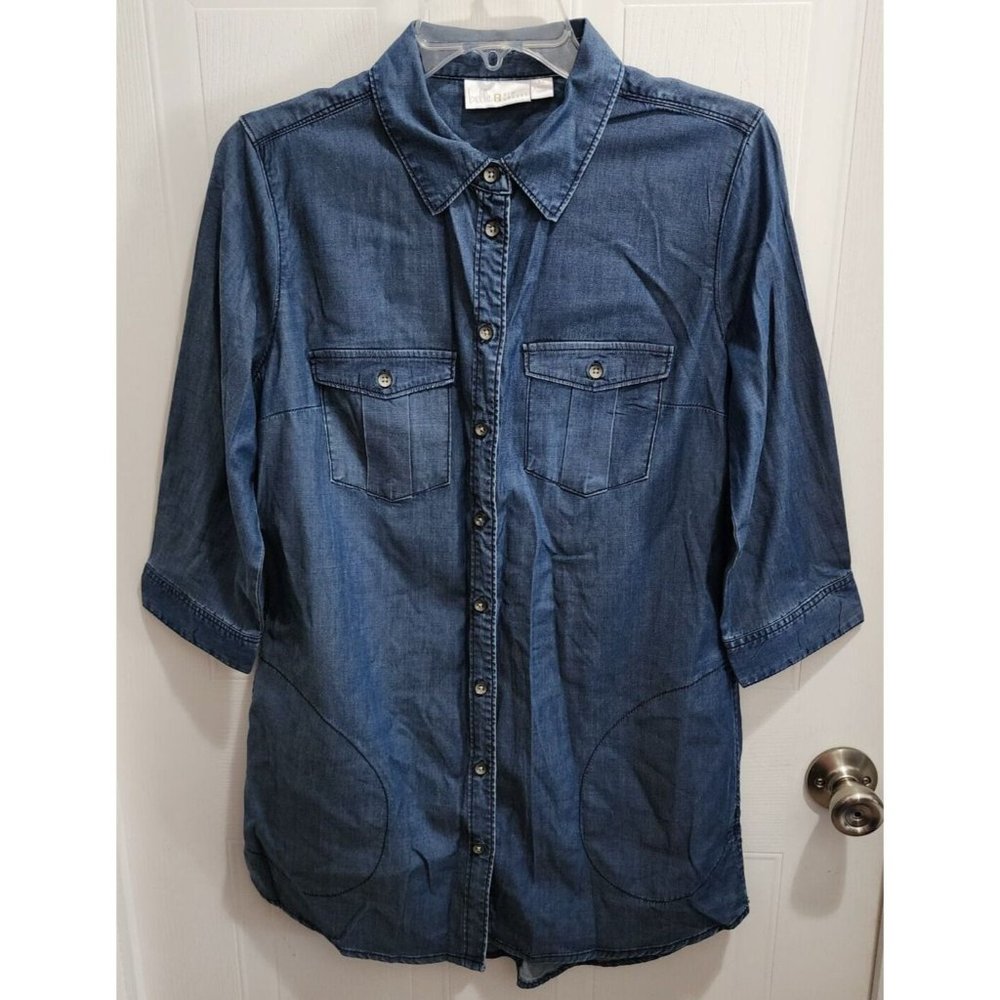 Belle‎ Kim Gravel Women's 3/4 Sleeve Denim Button Up Long Tunic Blue Size XS